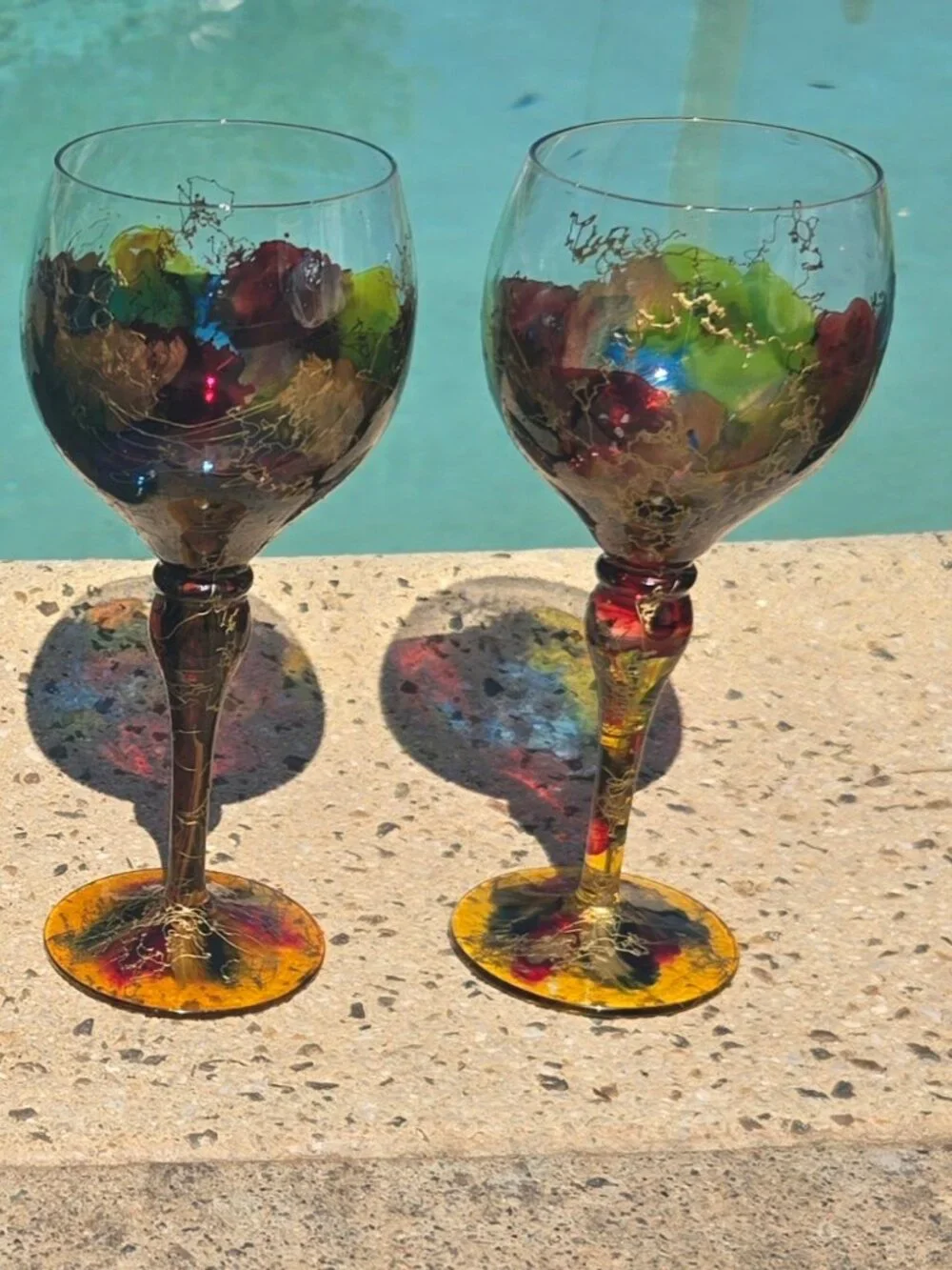 MONACO MONARCH Pair of Abstract Colorful Crystal Balloon Wine Stem Goblets